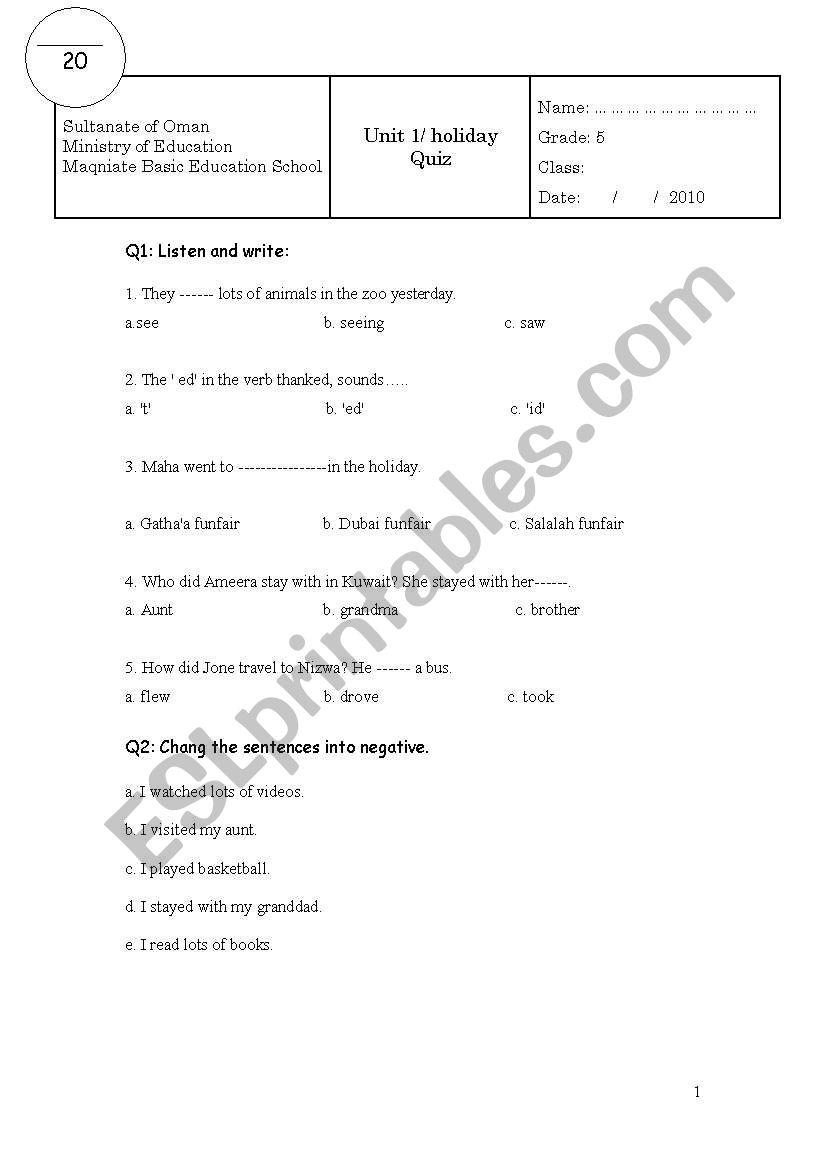 exam for grade 5 worksheet