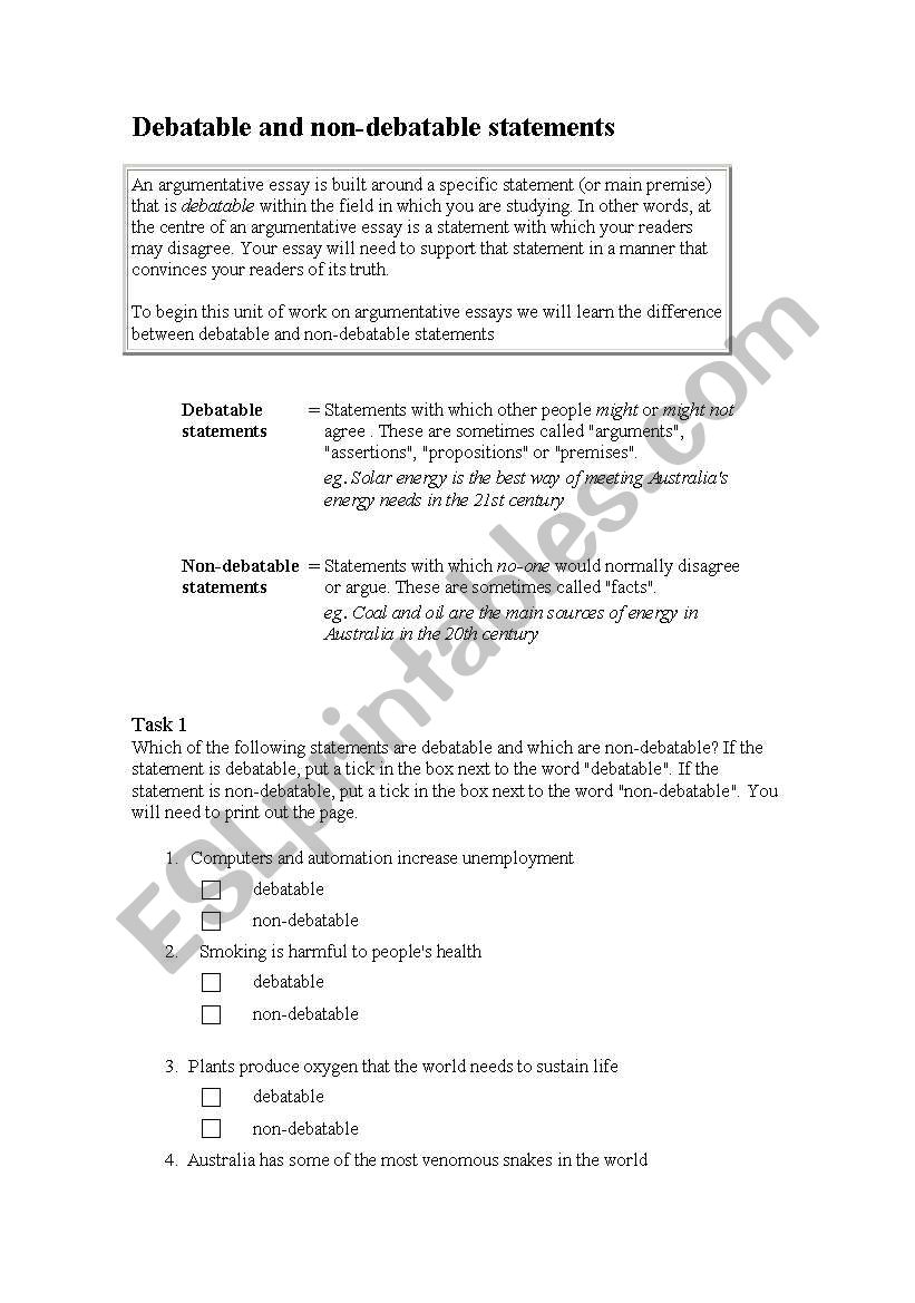 Argumentative Essay - Debatable and Non debatable Topics