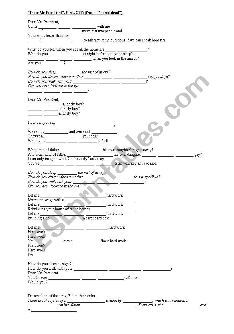pink dear me president worksheet