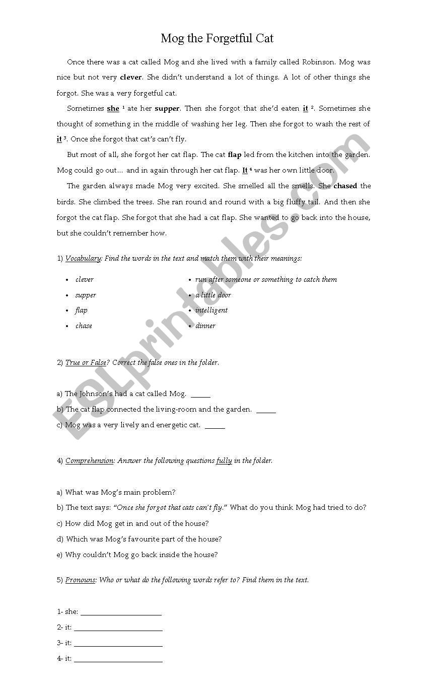 Mog the -Forgetful Cat worksheet