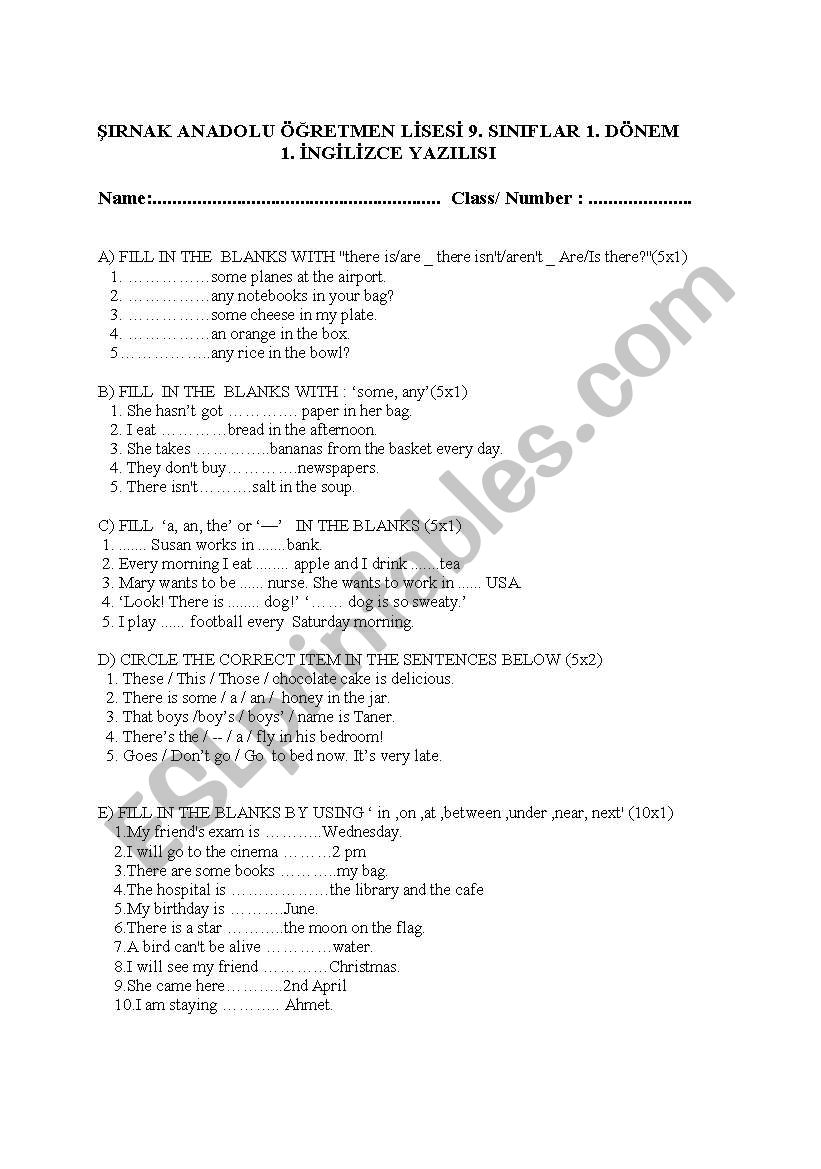 exam worksheet