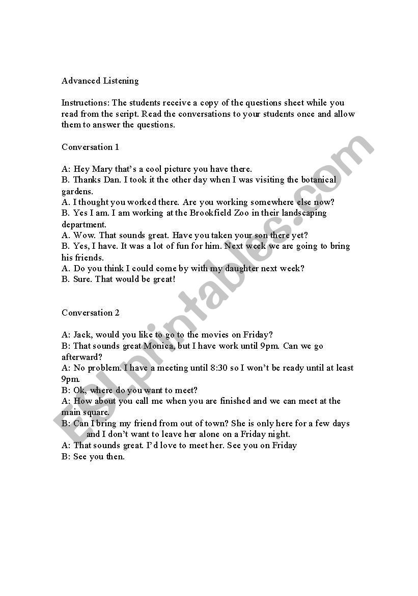 Advanced Listening worksheet