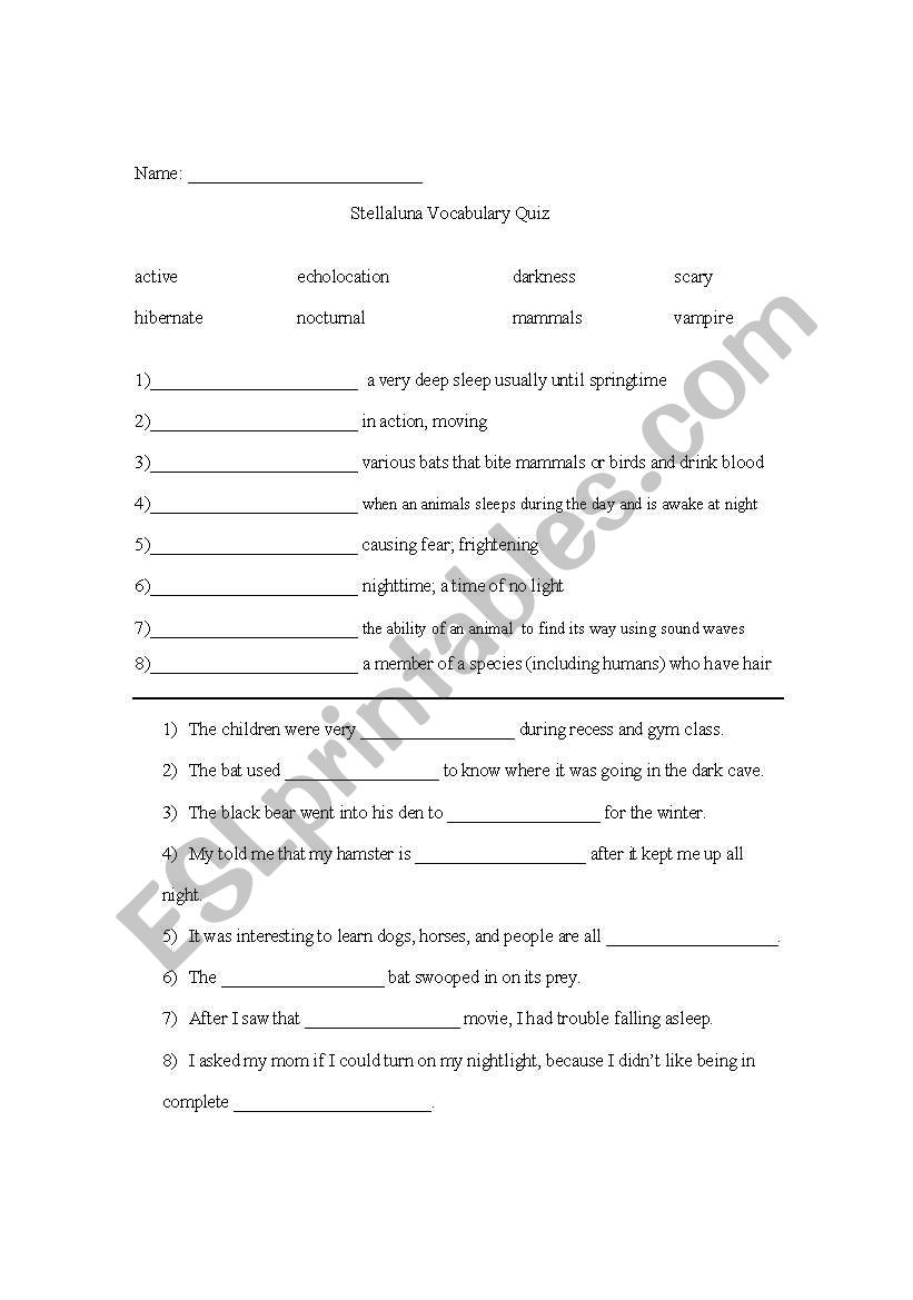 Stellaluna Vocabulary Quiz worksheet