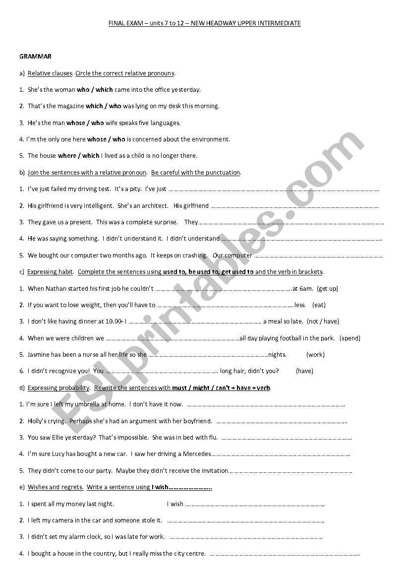 Test for Units 7 to 12 New Headway Upper Intermediate