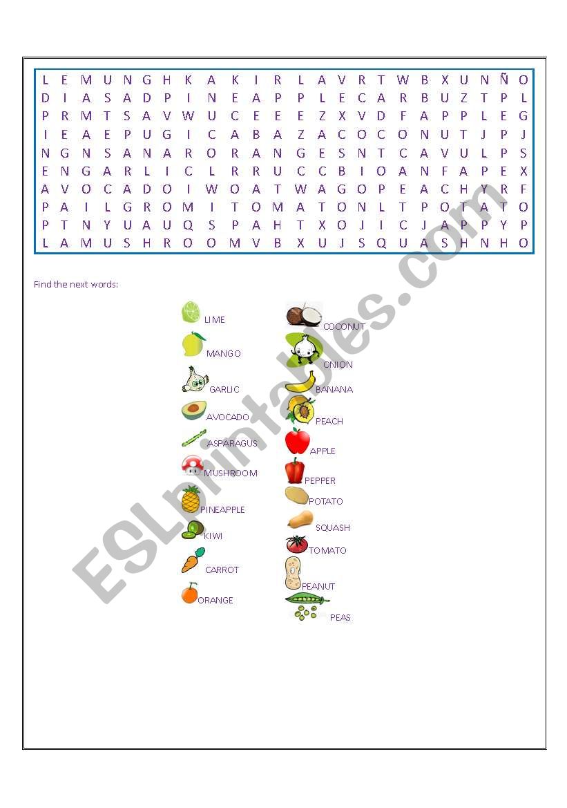 English Worksheets Fruit And Vegetables Find The Words