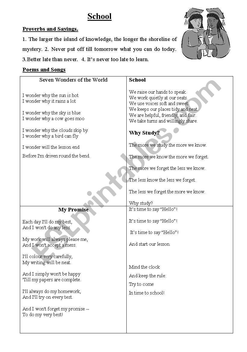 School proverbs and Sayings, Poems, Classroom English