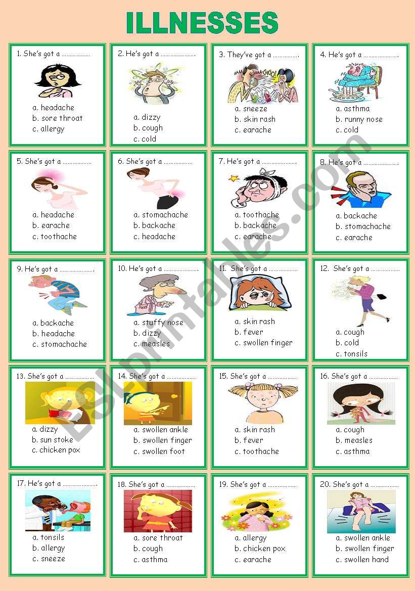 illnesses (multiple choice) worksheet