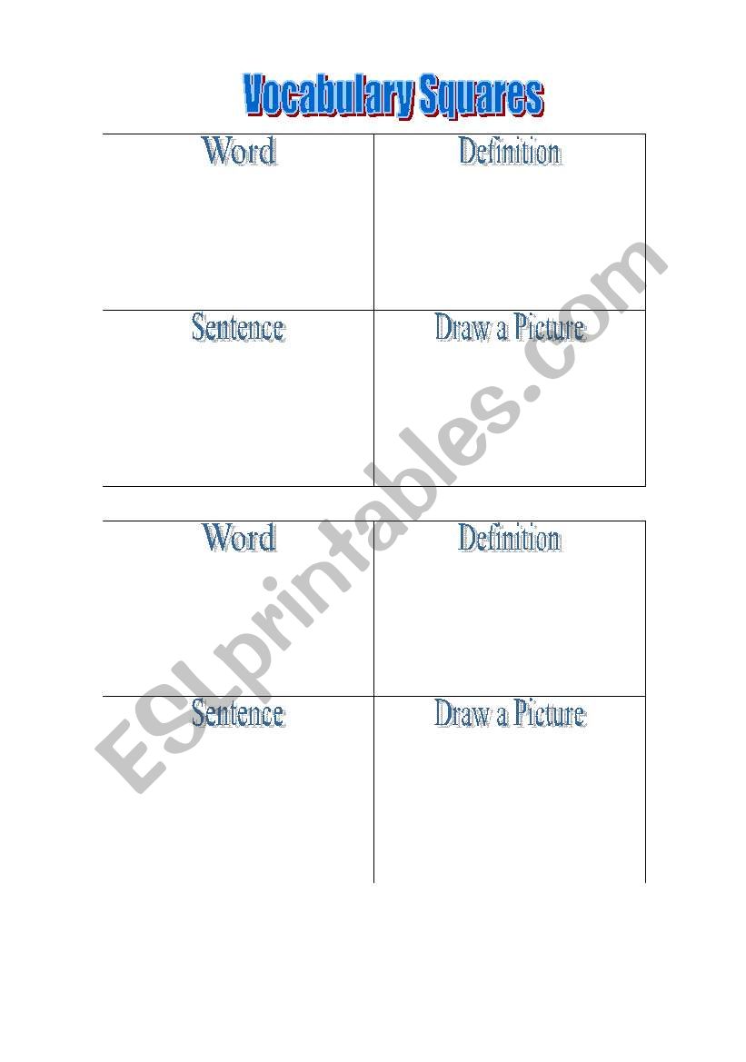 Vocabulary Squares worksheet