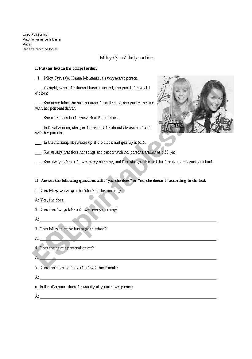 Miley Cyrus Daily Routine worksheet