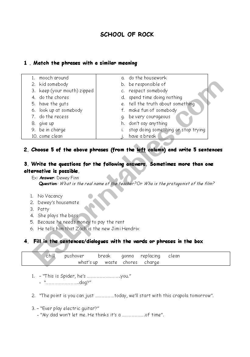 School of Rock worksheet