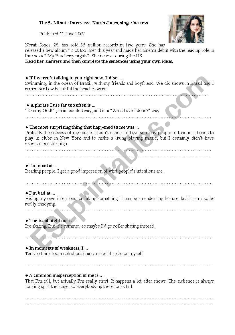 Interview to Norah Jones worksheet