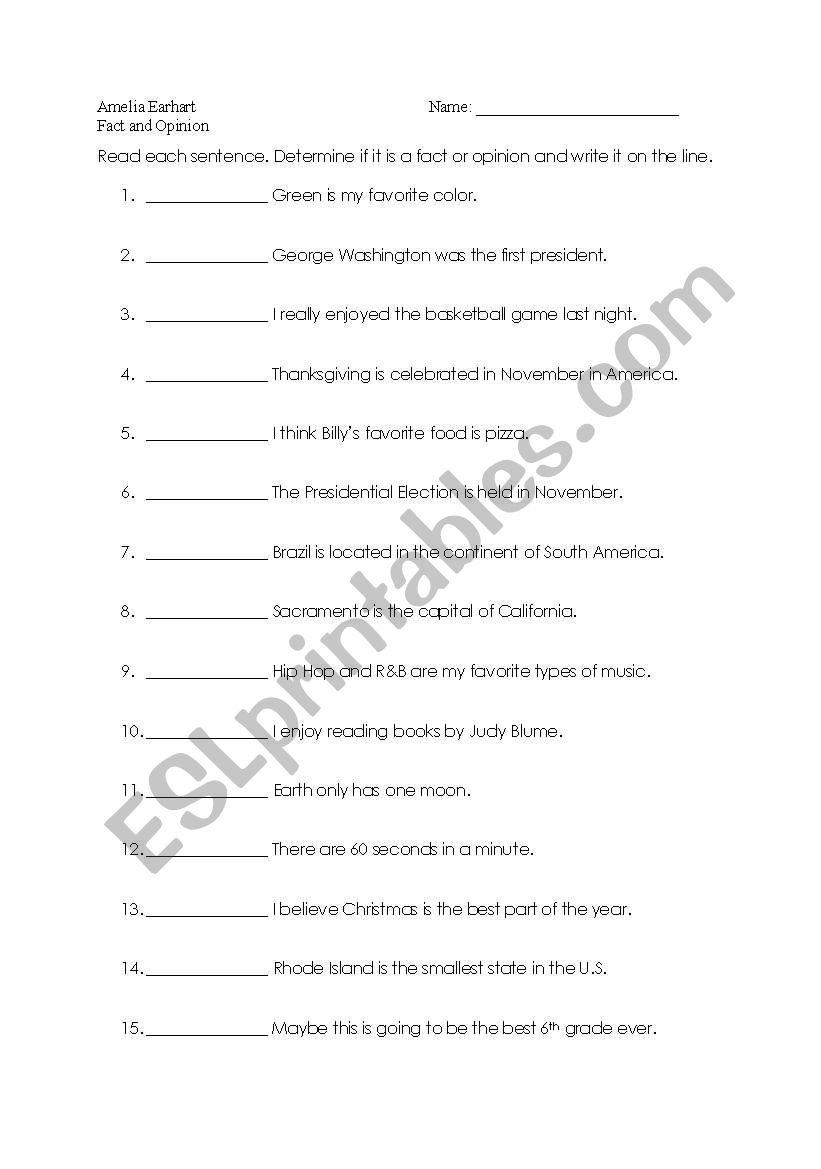 Fact or Opinion worksheet