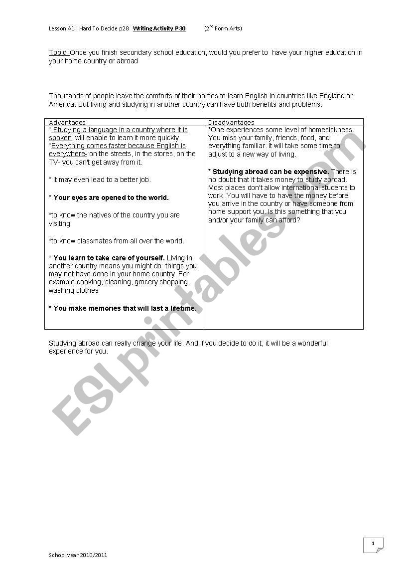 Writing activity worksheet