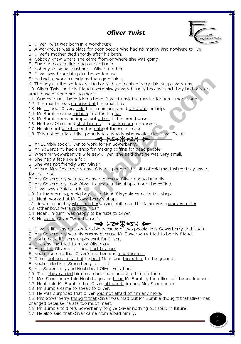 Oliver Twist worksheet