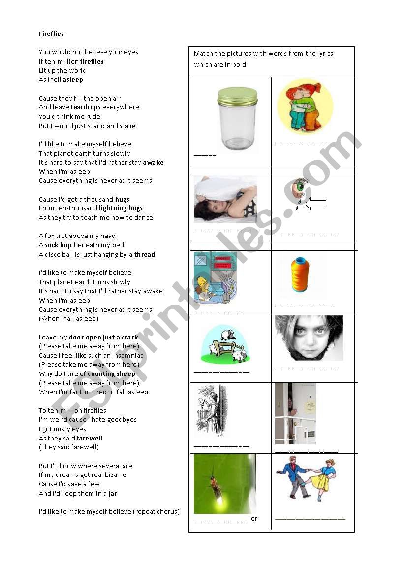 Fireflies - Song worksheet worksheet