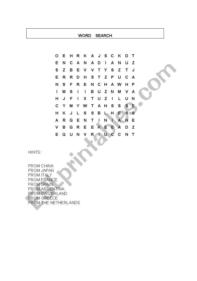 Word Search - Nationalities worksheet