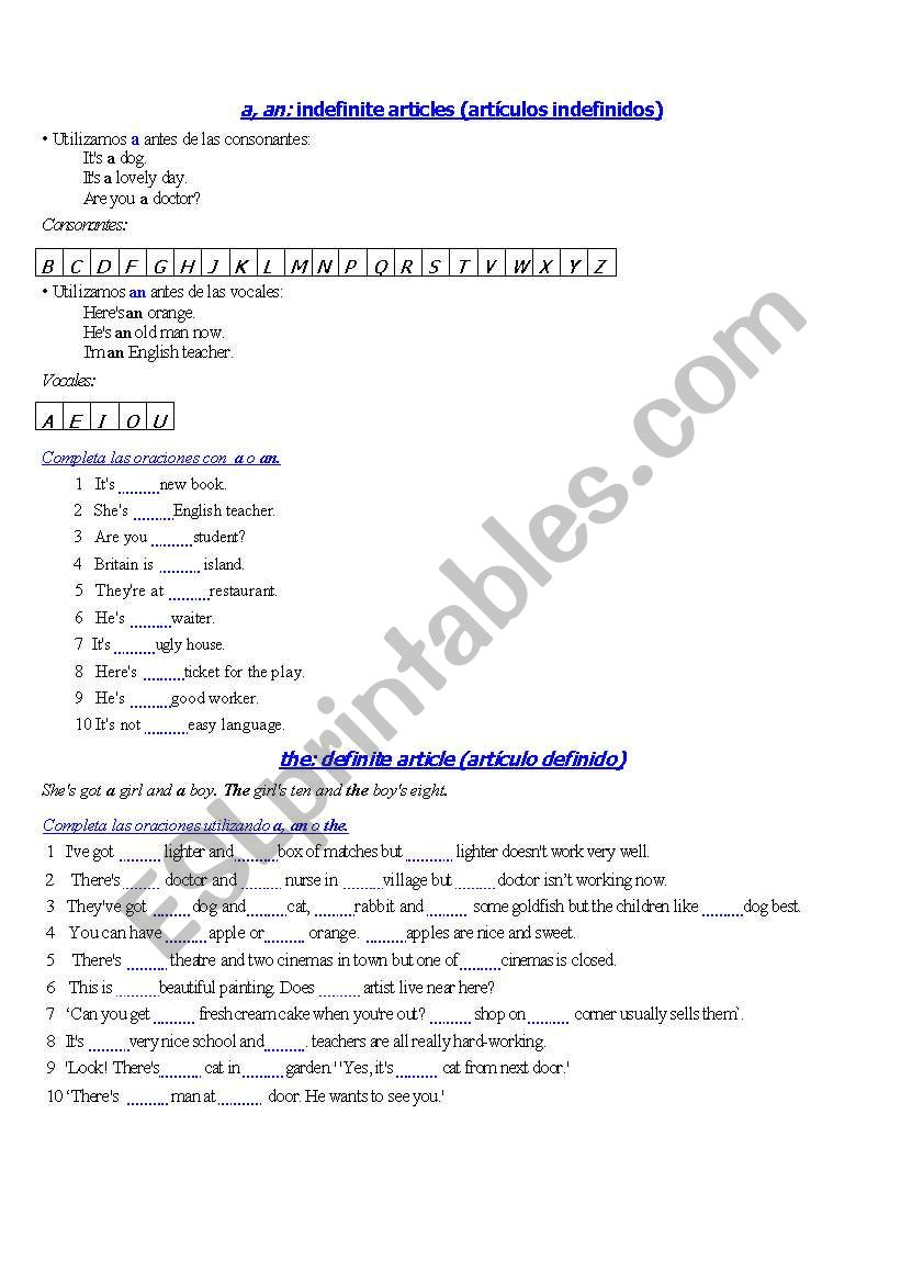 Articles worksheet