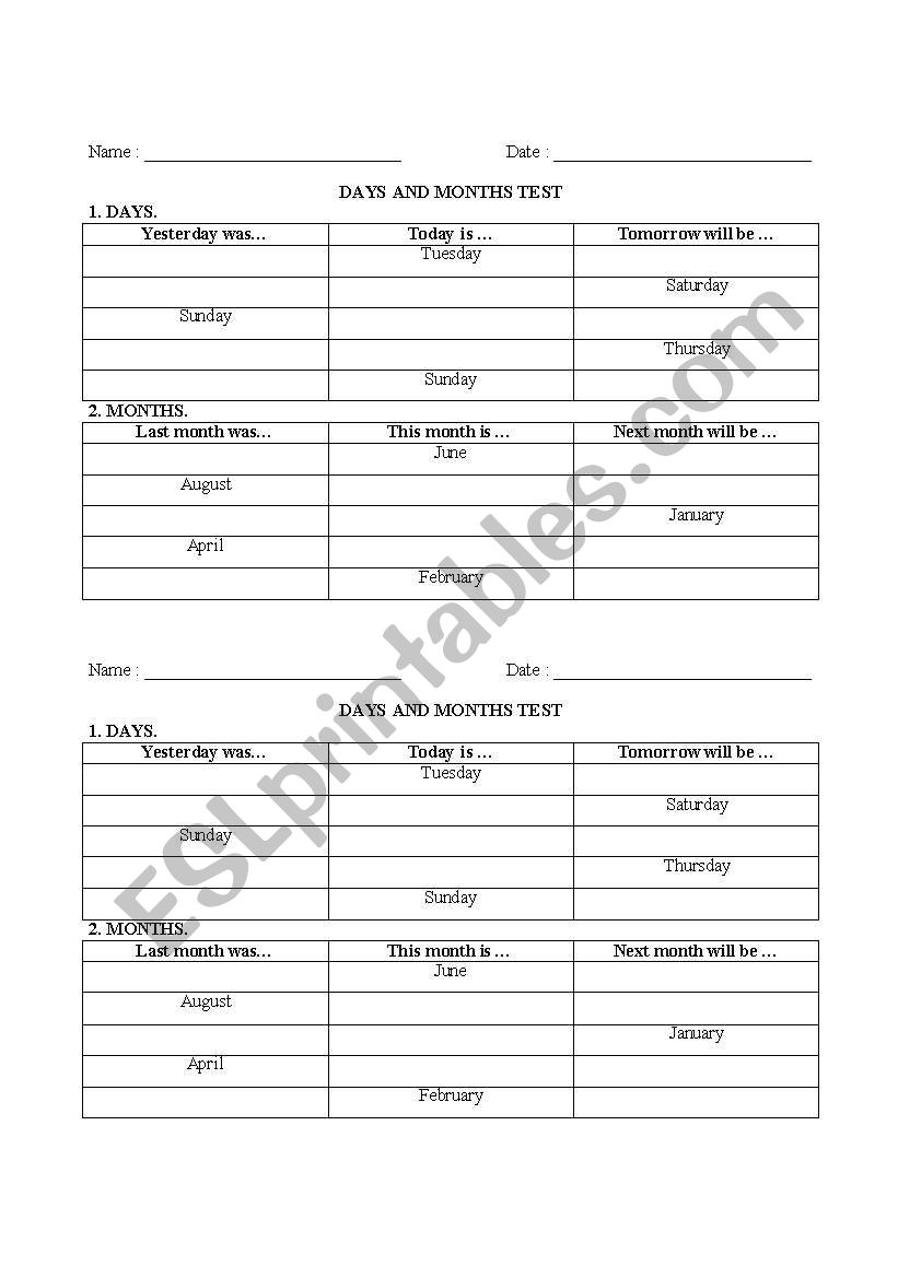 Days and Months worksheet