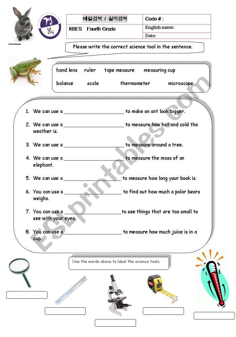 Science Tools worksheet