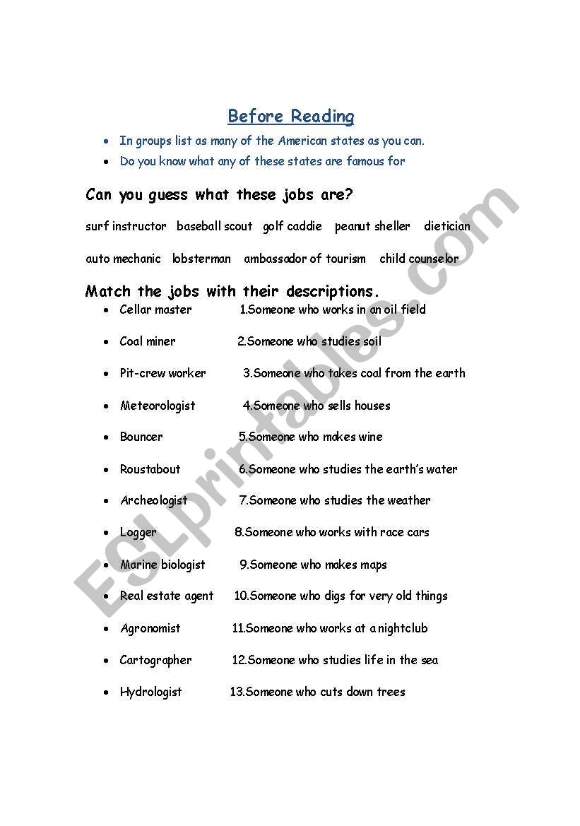 50 jobs, 50 states, 50 weeks. worksheet