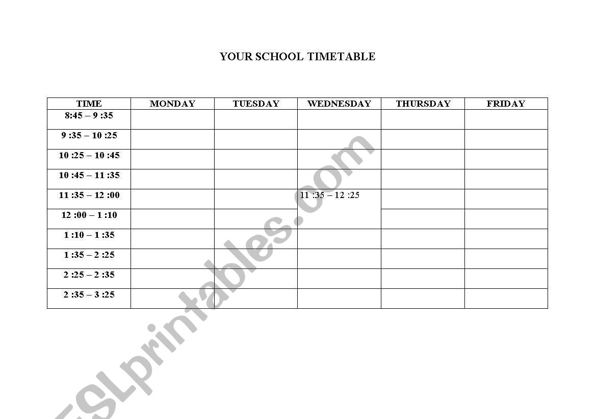school timetable worksheet