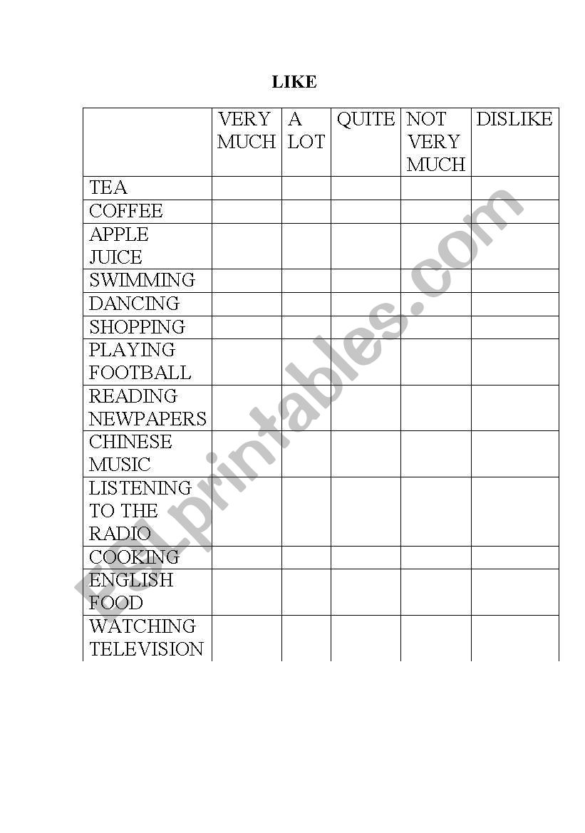 Likes & Dislikes worksheet