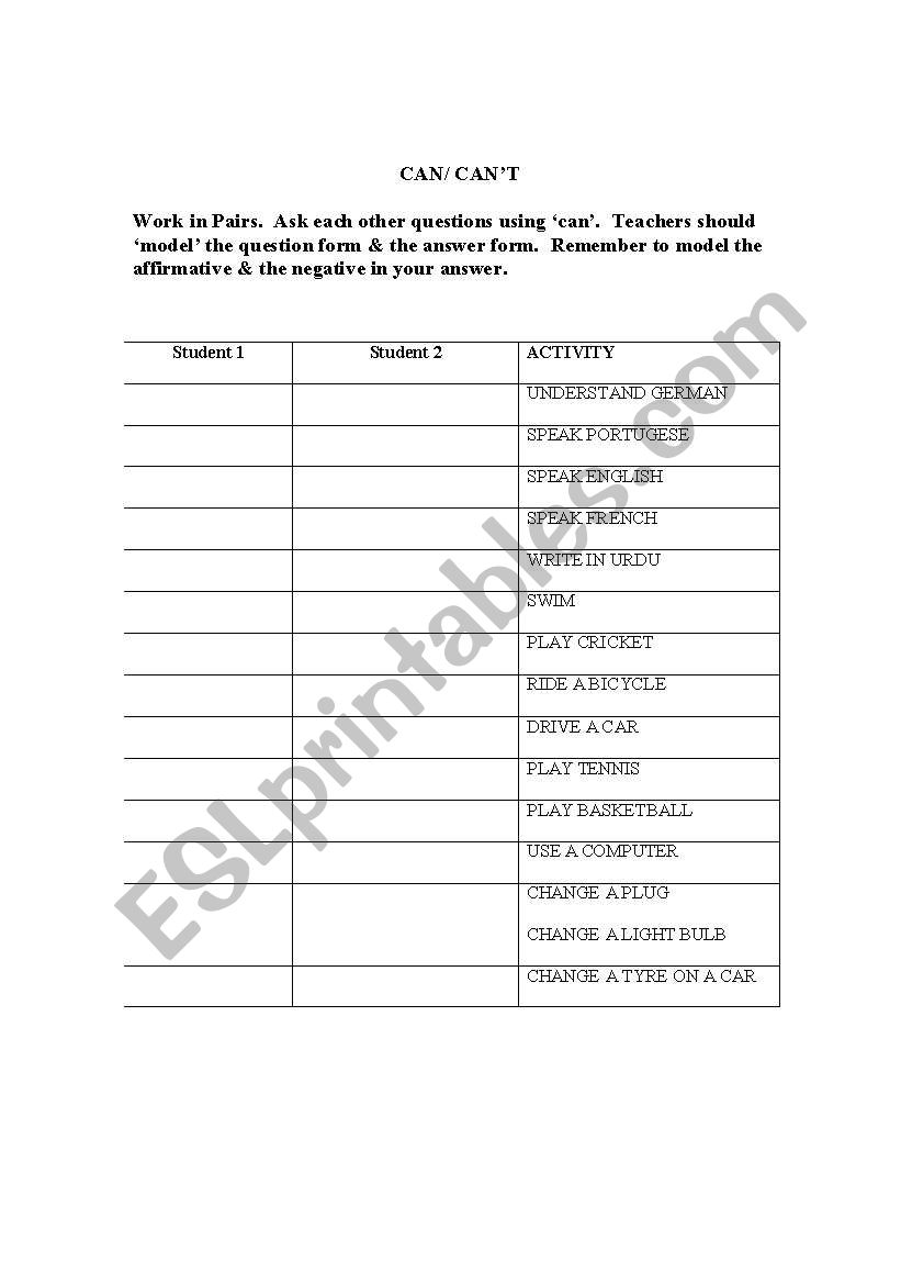 Can & Cant worksheet