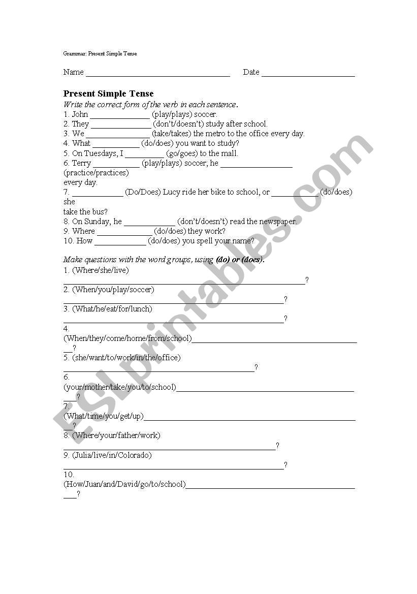 Simple Present Tense worksheet