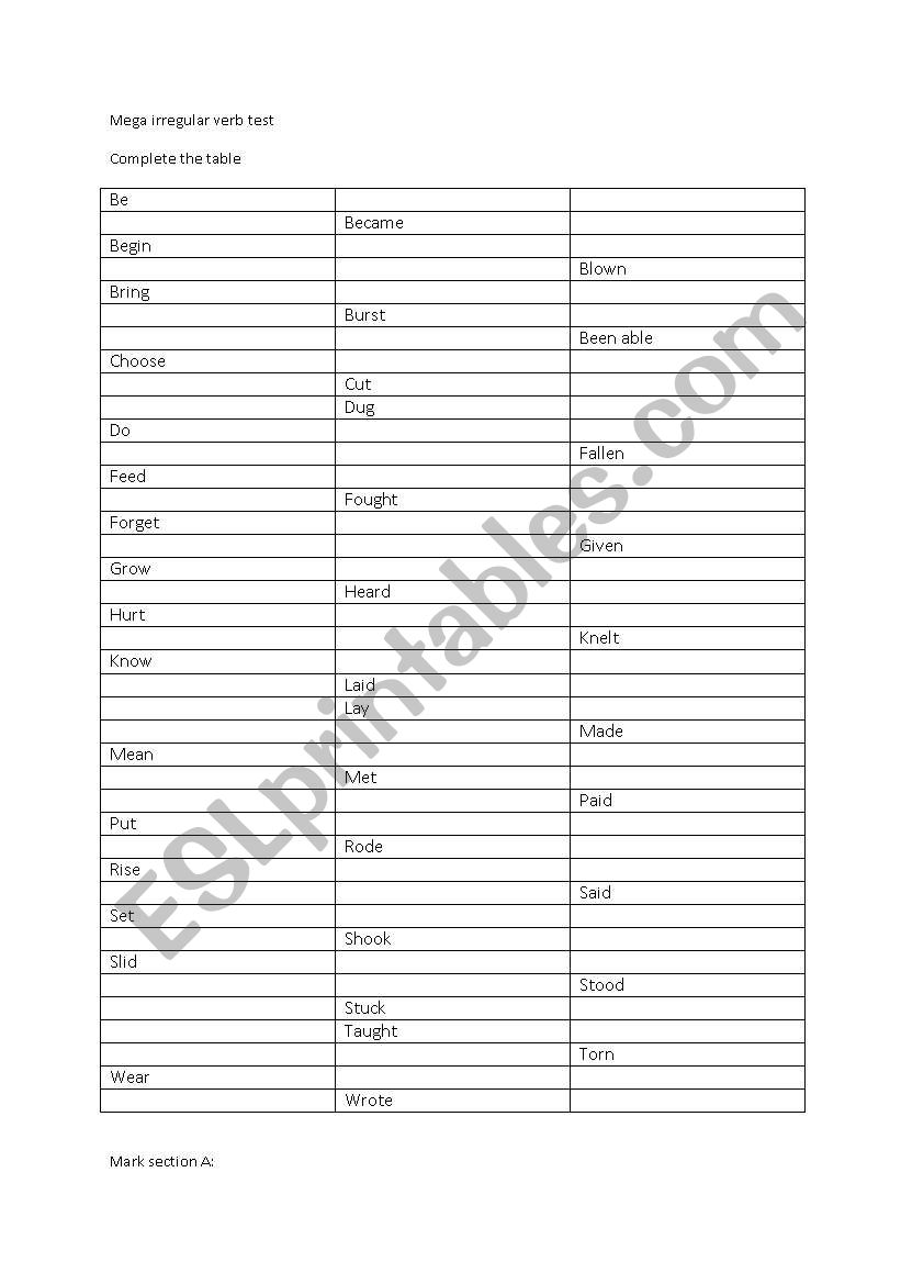 Irregular verbs test worksheet