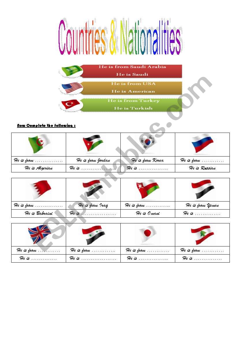 countries and nationalities worksheet