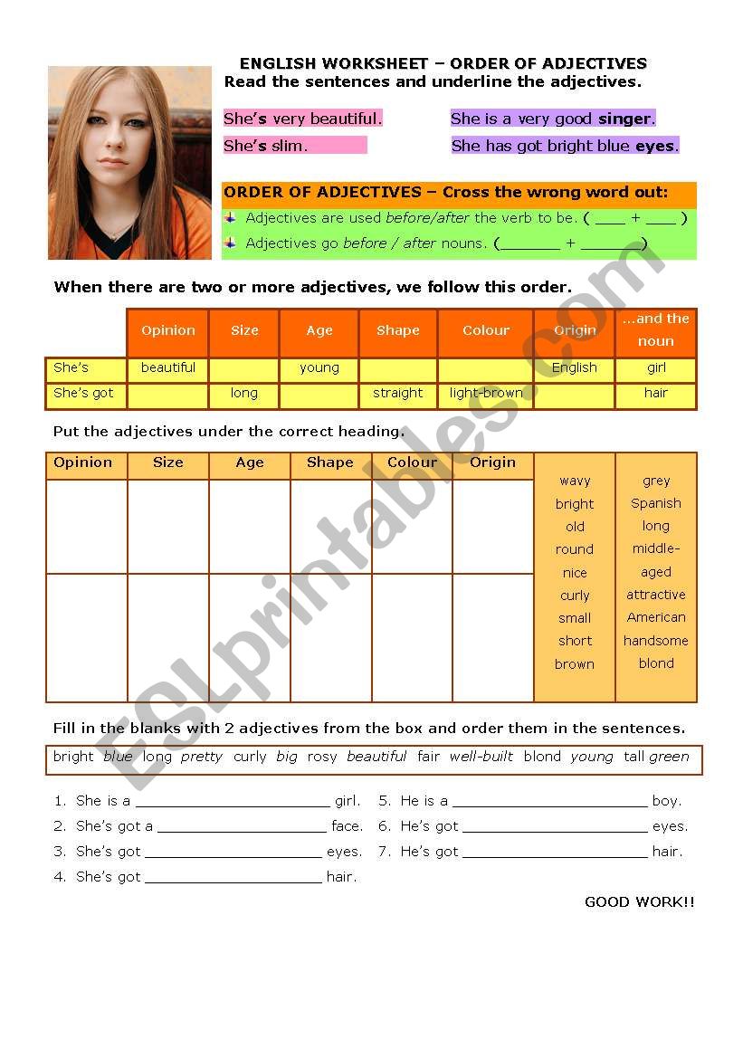 Order of adjectives worksheet