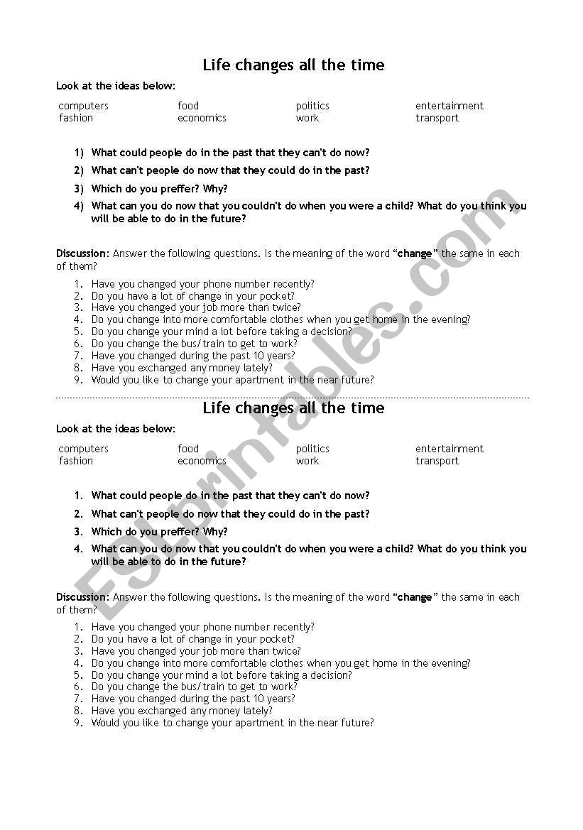 Life changes  worksheet