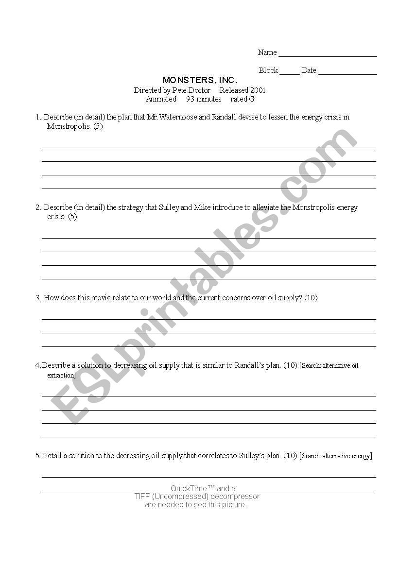 Monsters Inc Worksheet worksheet