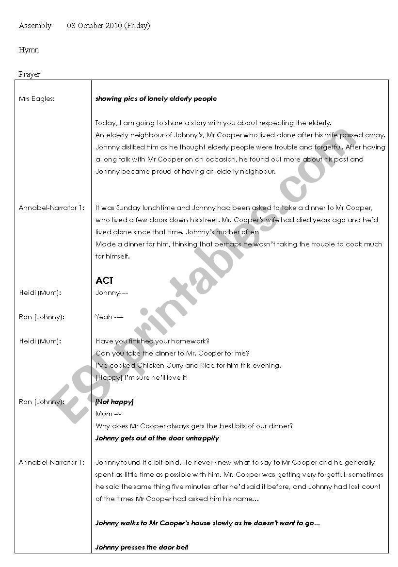 Assembly: Respect the elderly worksheet