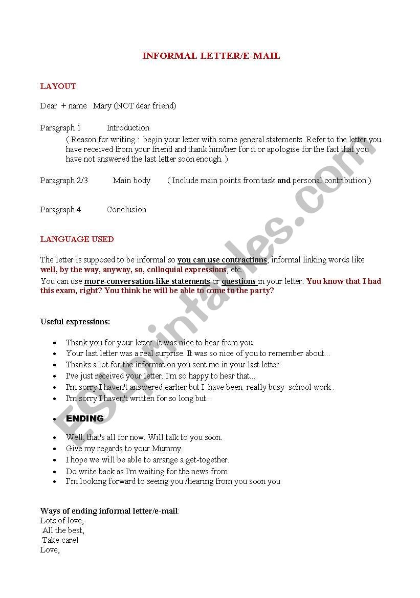 Writing an informal email worksheet