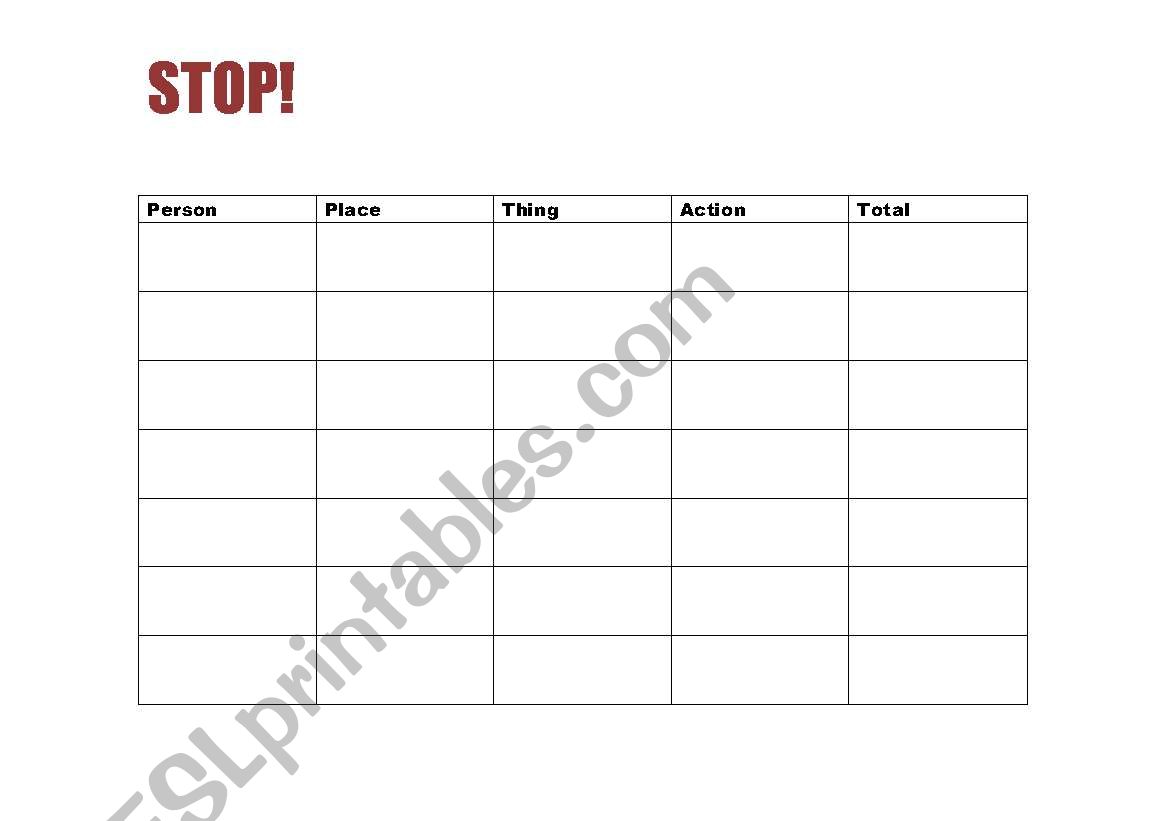 STOP! Game worksheet