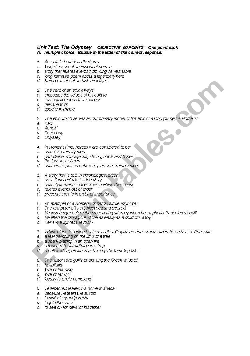 Unit Test - The Odyssey  worksheet