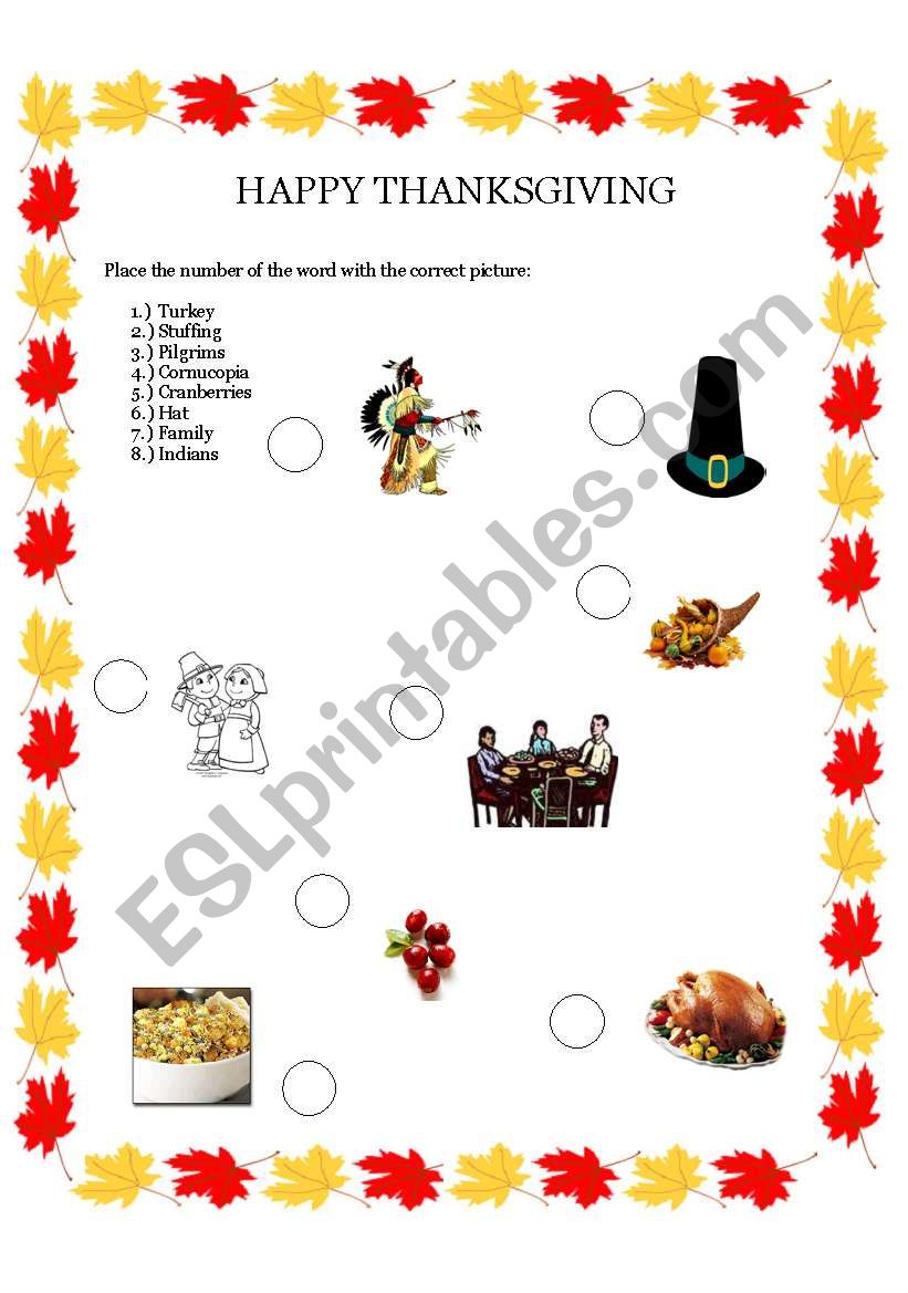 Thanksgiving matching worksheet