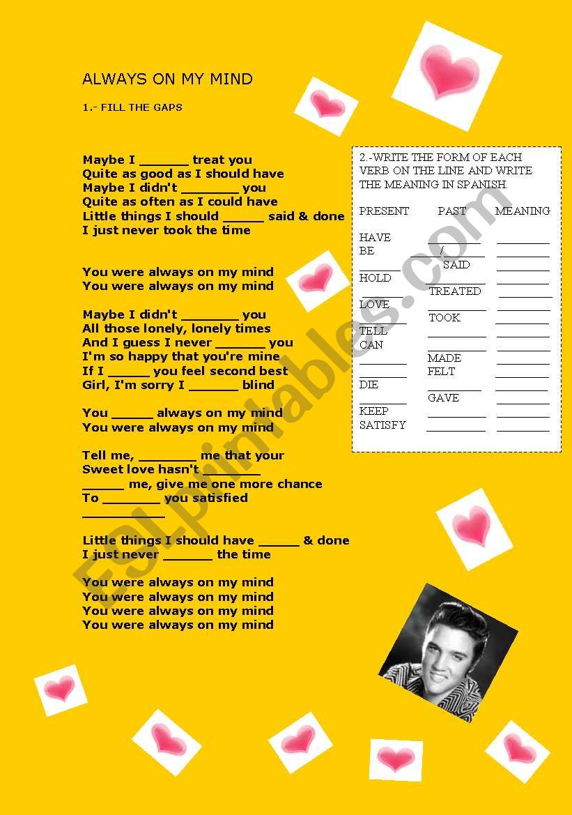 ALWAYS ON MY MIND SONG worksheet