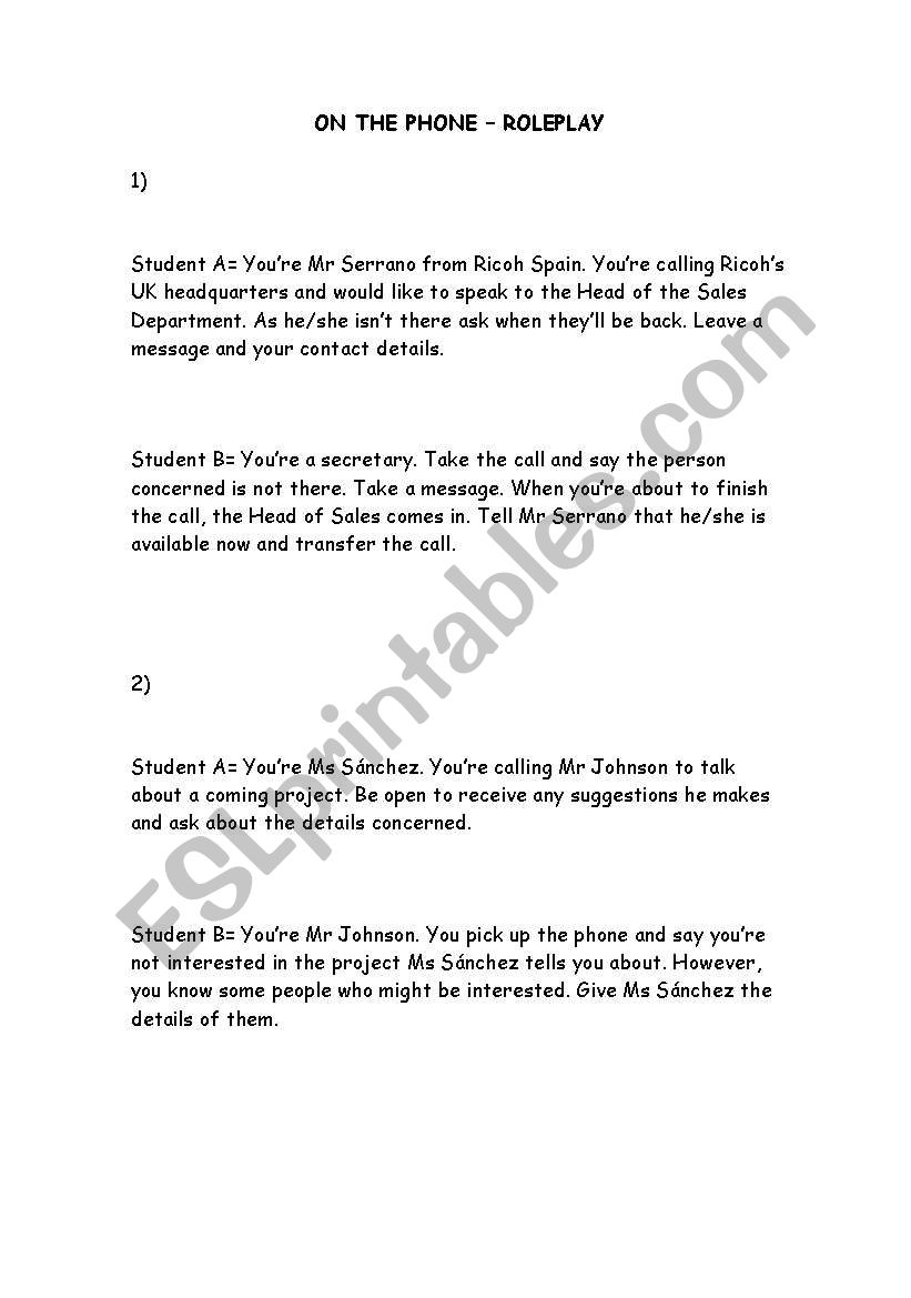 On the phone worksheet
