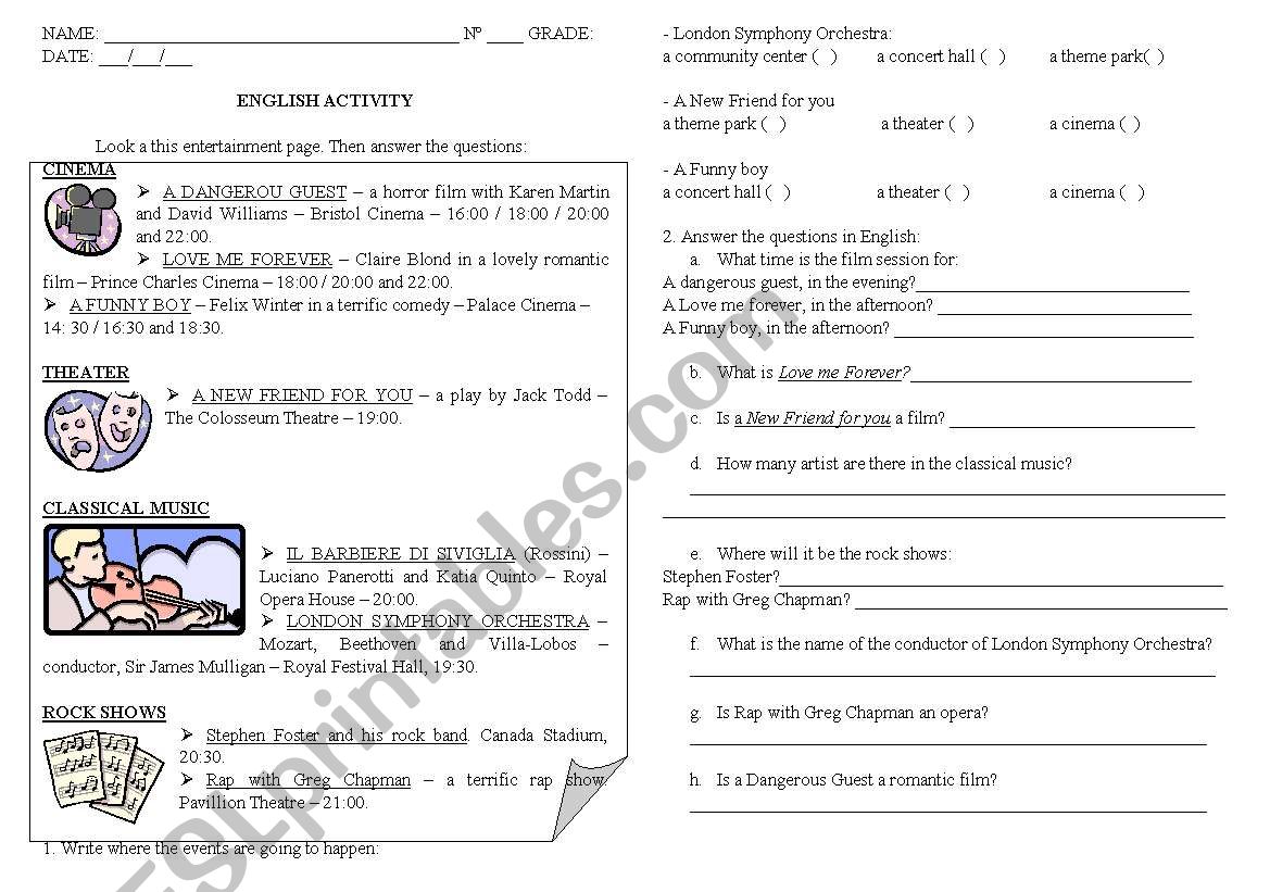 Entertainment worksheet