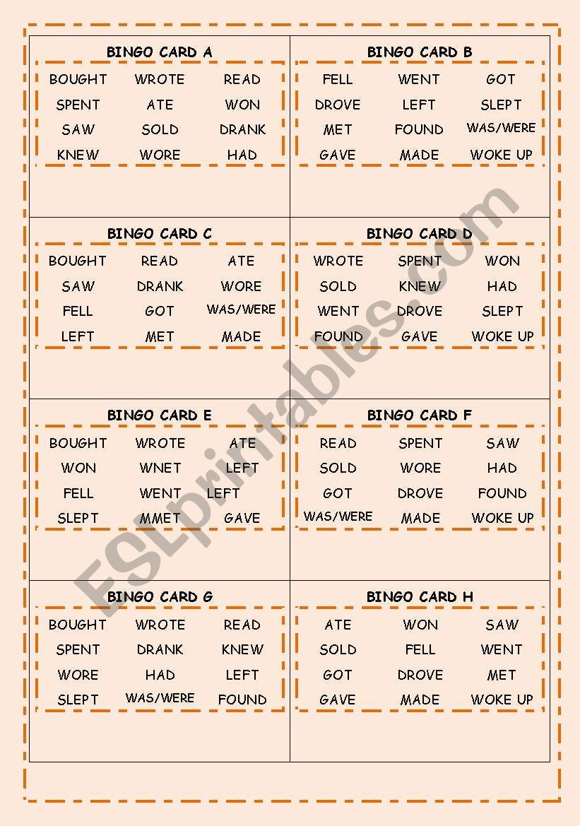 Simple past Bingo worksheet