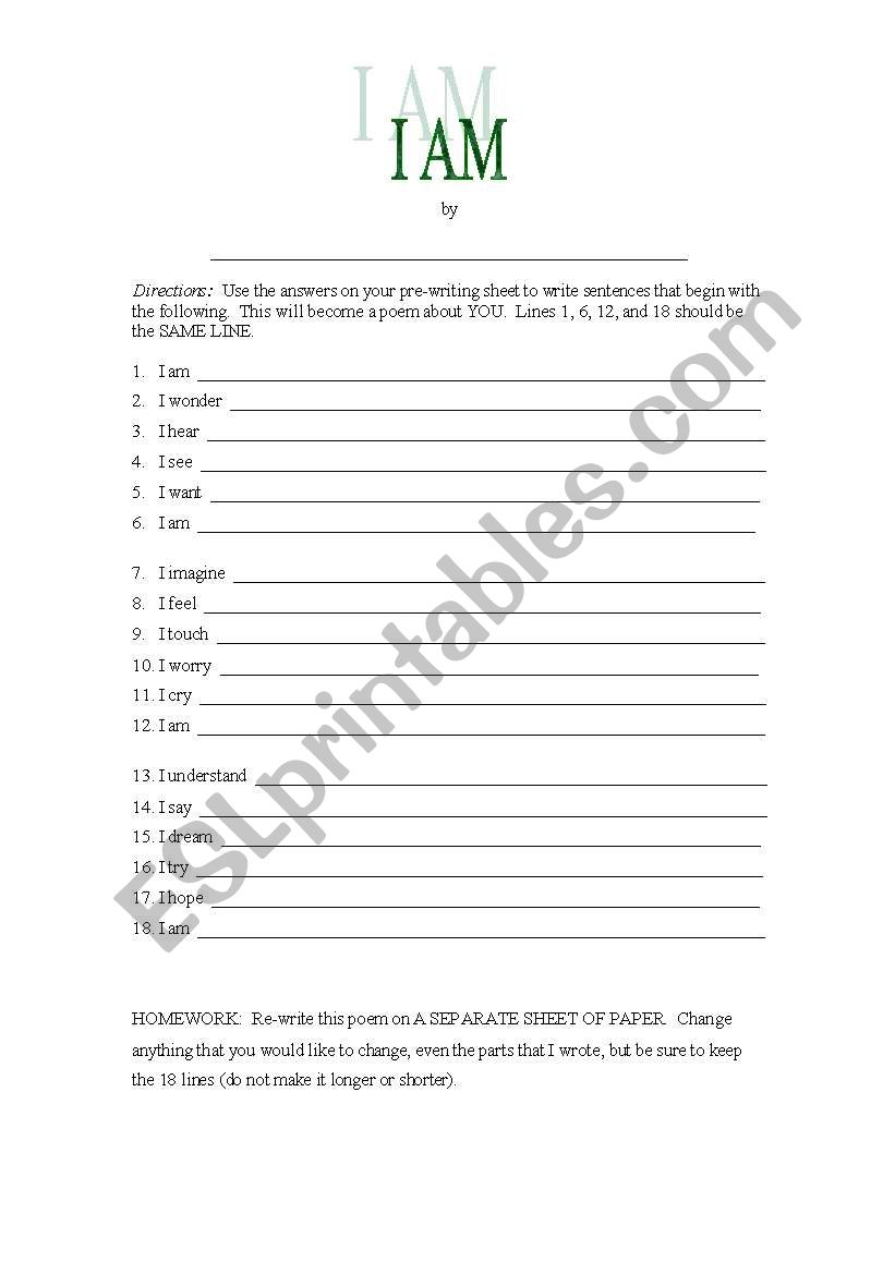 English worksheets: I am Poem Within I Am Poem Worksheet