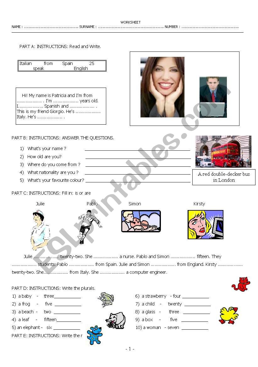 Weekend homework worksheet including to be, general questions, plurals, numbers  and nationalities. 