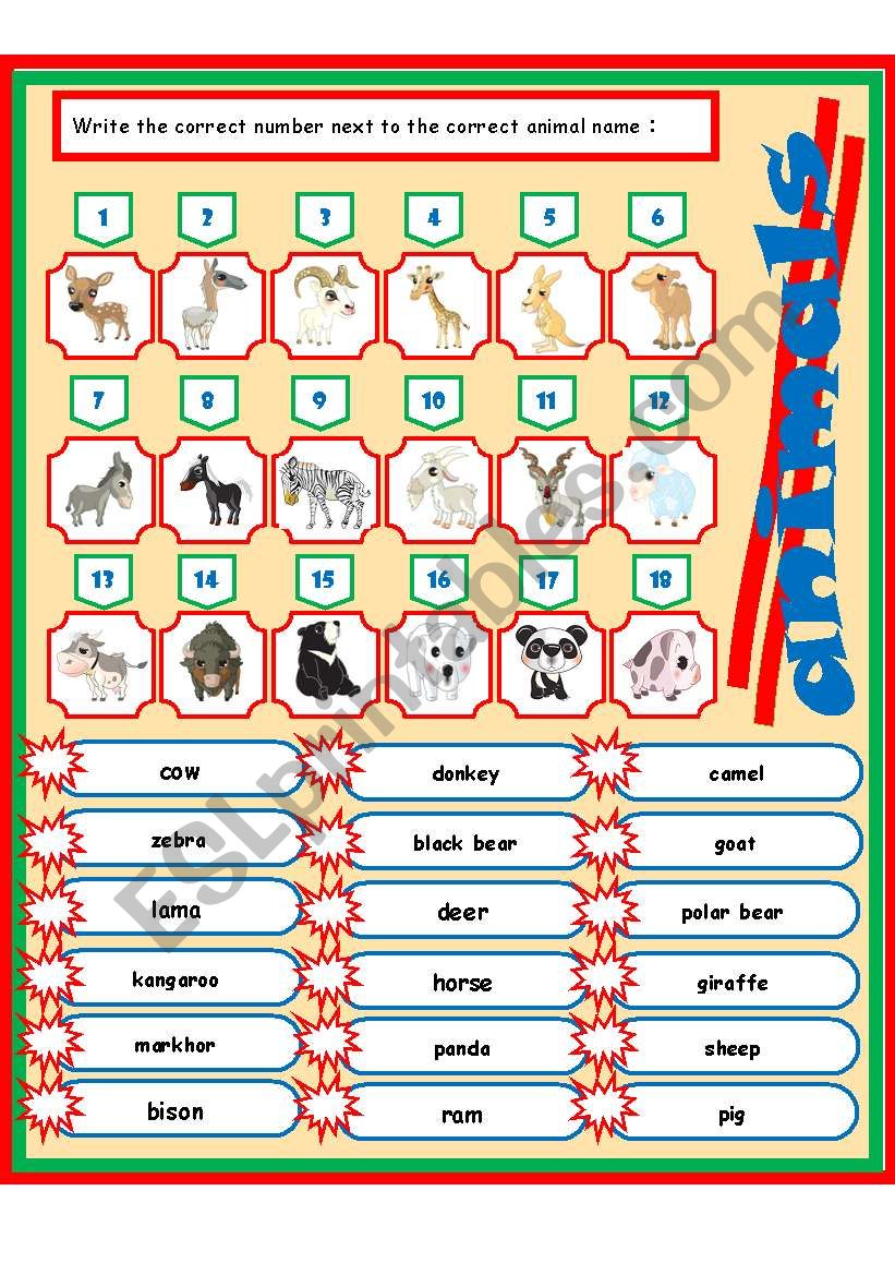 animals 1-3 (match) worksheet
