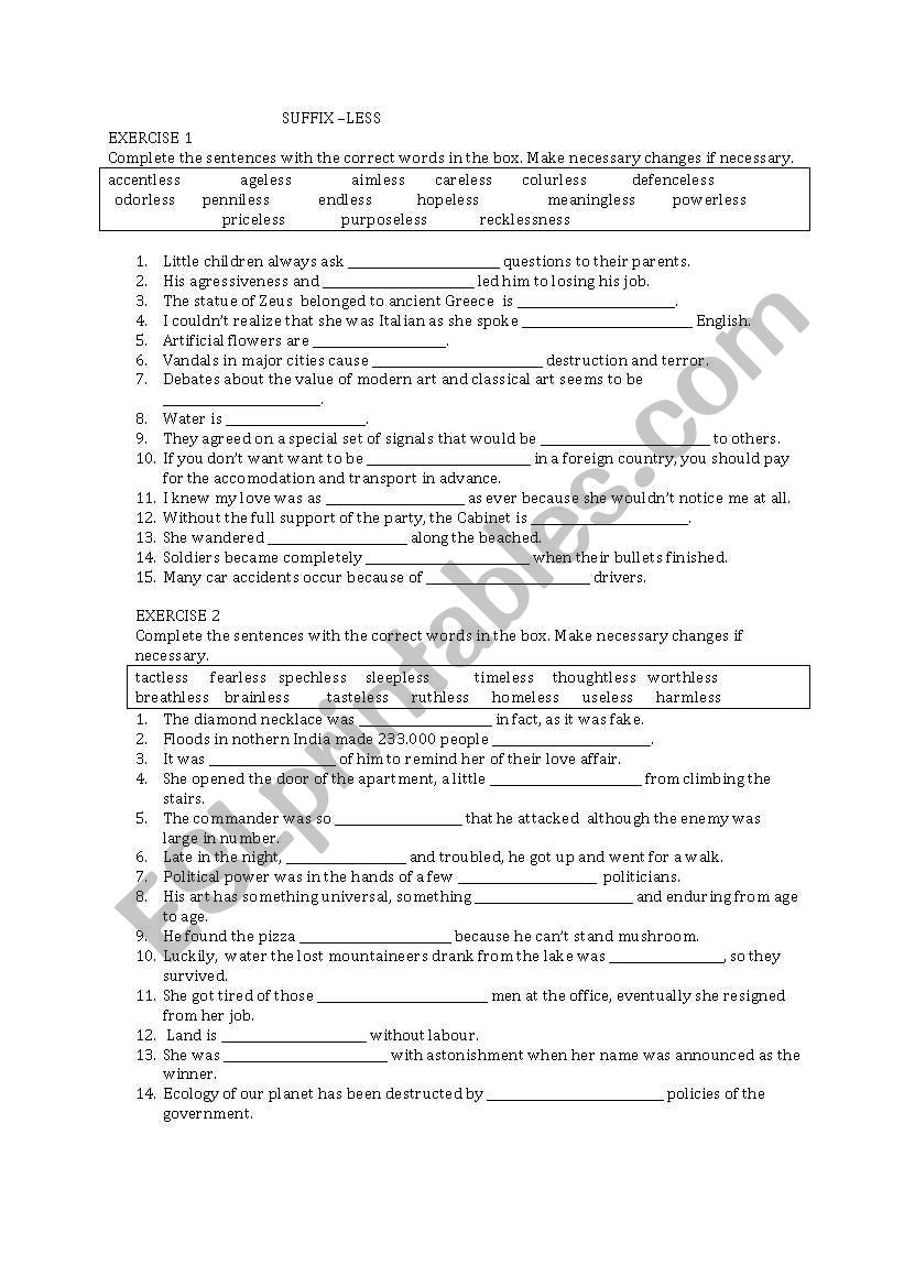 suffix -less exercice worksheet