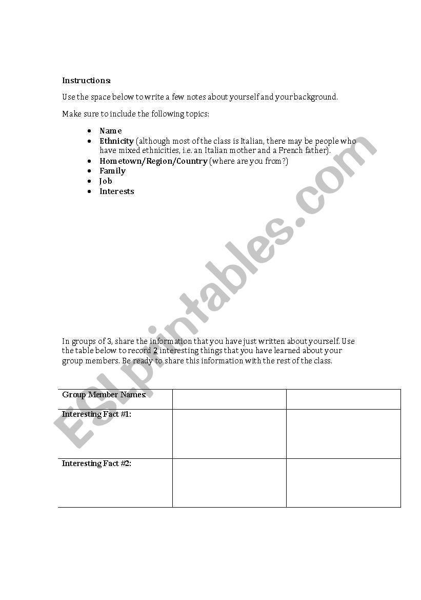 Speaking About Yourself Worksheet