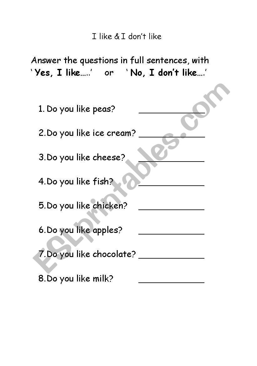 Likes and Dislikes worksheet