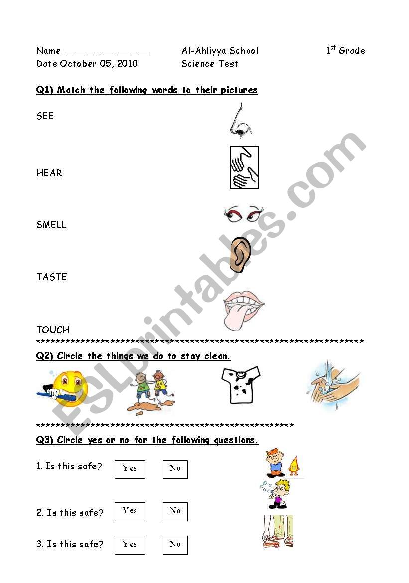 senses+safety+cleanliness worksheet