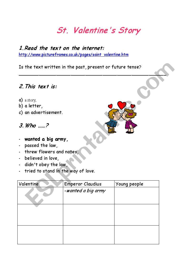 st.Valentines story worksheet